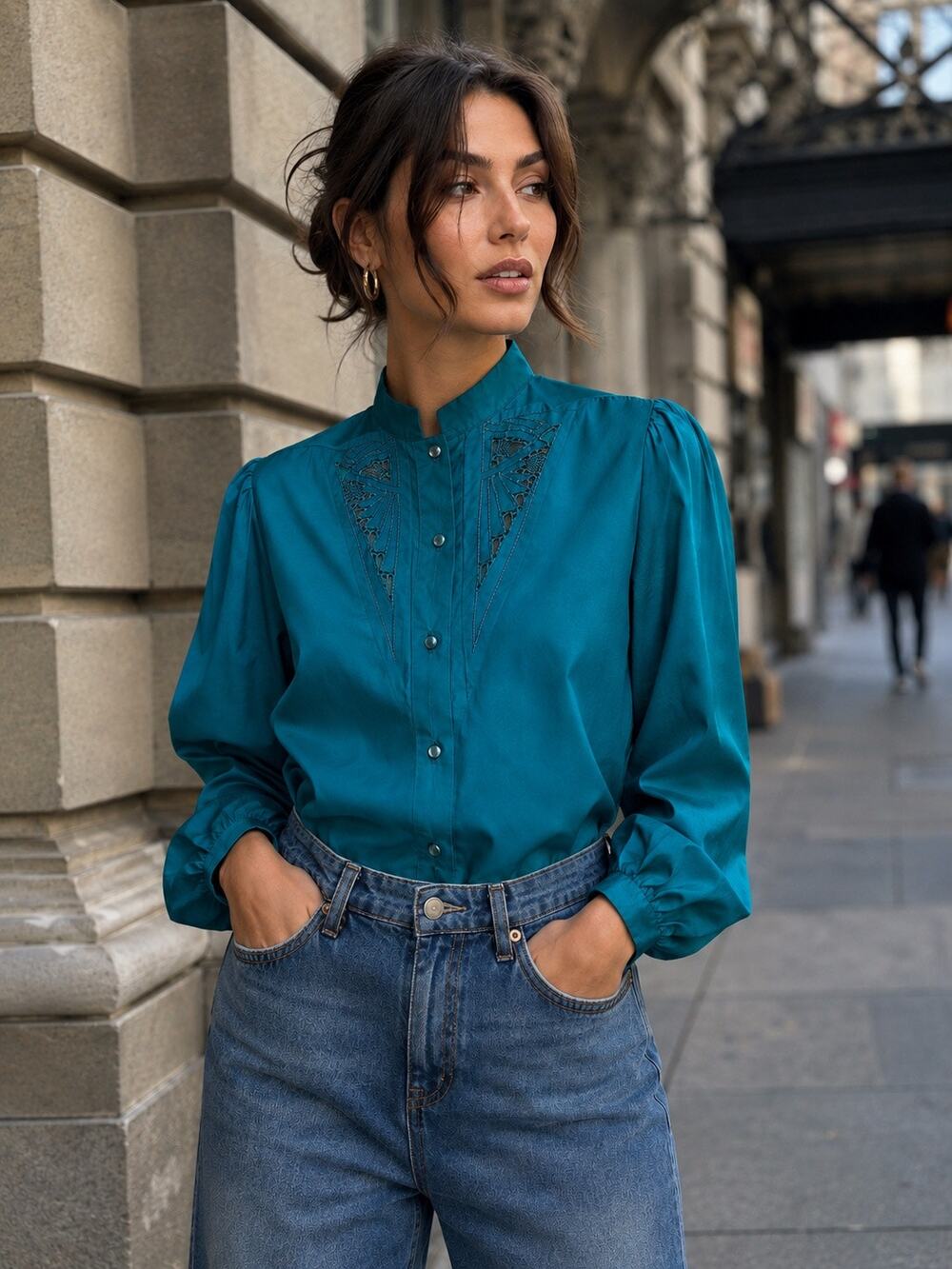 Vintage Teal Green Cutaway Embroidered Blouse Sz Medium 10 Career Casual